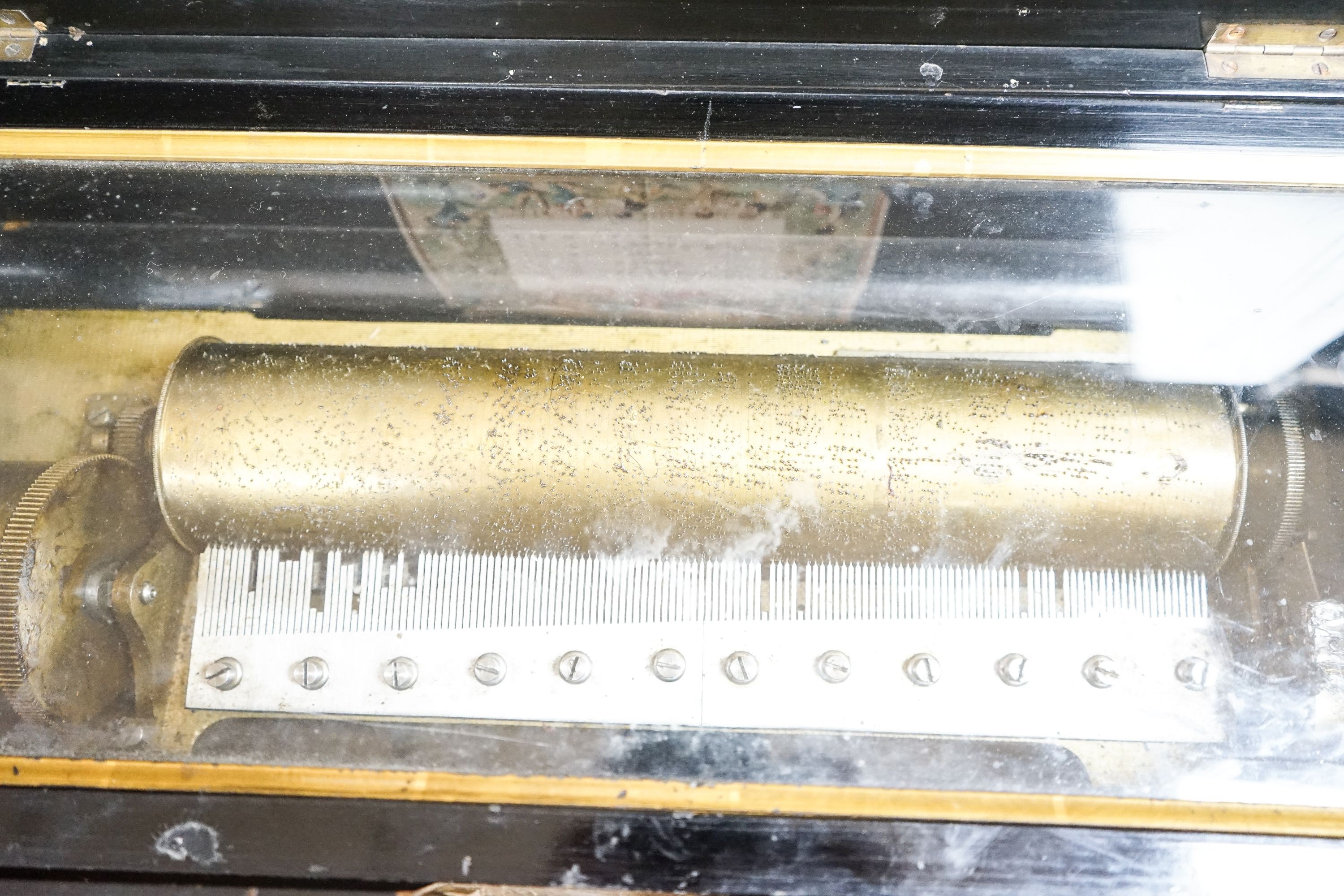 A 19th century Swiss cylinder musical box, (af) cylinder 38cm
